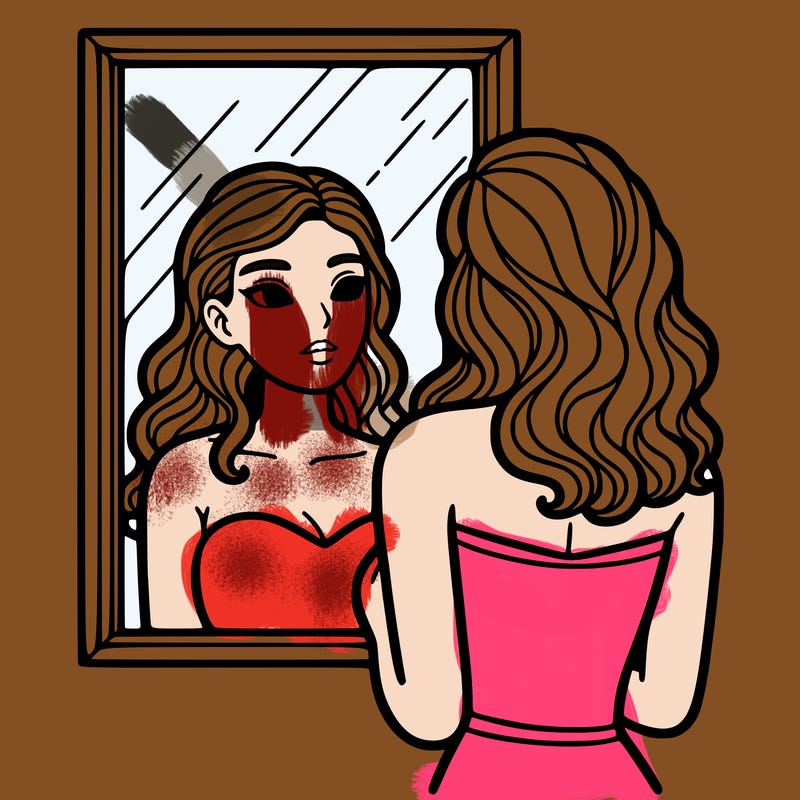 a woman looking at herself in the mirror.