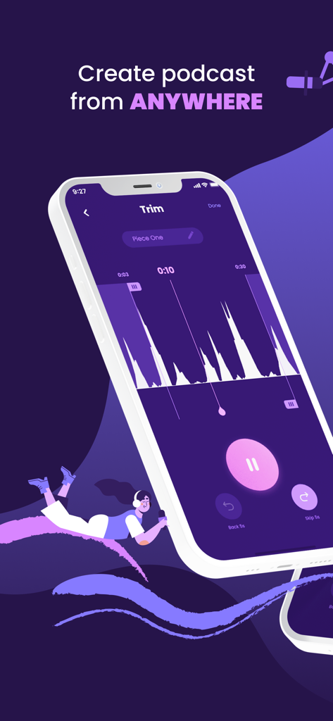 A smartphone showing the audio trimming interface of the Podcast Maker app with a waveform and editing controls.