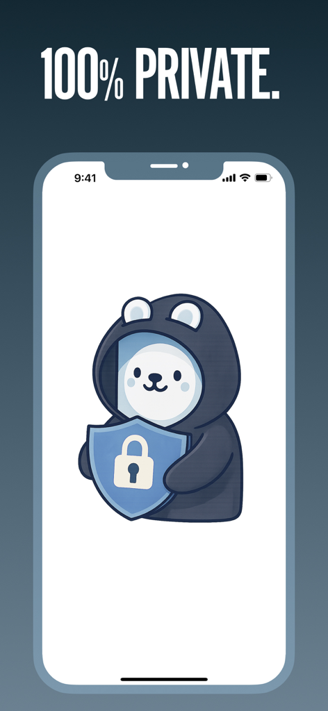 Photo Journal: Pic Diary - A cute bear character wearing a hoodie and holding a blue security shield with a white padlock icon to illustrate the app privacy features