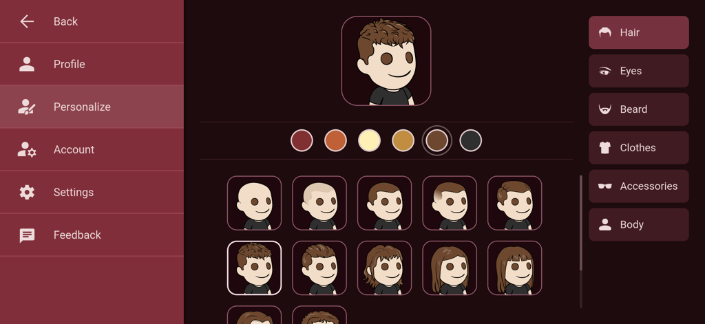 Interface for customizing a character avatar in the Lojera me Letra card game showing hair and feature options.