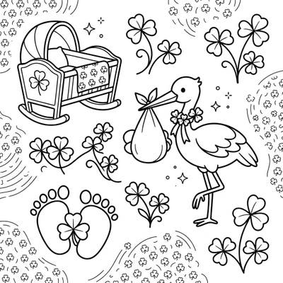 Celebrate new beginnings with this enchanting Shamrock Baby Shower coloring page, blending charming nursery elements with the luck of the Irish. Discover adorable storks, cradles, and baby footprints adorned with three-leaf clovers, perfect for a heartwarming coloring session.