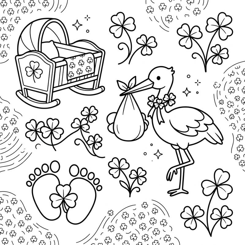Celebrate new beginnings with this enchanting Shamrock Baby Shower coloring page, blending charming nursery elements with the luck of the Irish. Discover adorable storks, cradles, and baby footprints adorned with three-leaf clovers, perfect for a heartwarming coloring session.
