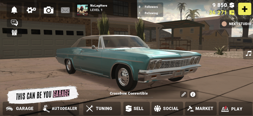 Lowriders Comeback: Boulevard - A turquoise Crossbow Convertible in the garage menu of the Lowriders Comeback Boulevard mobile game