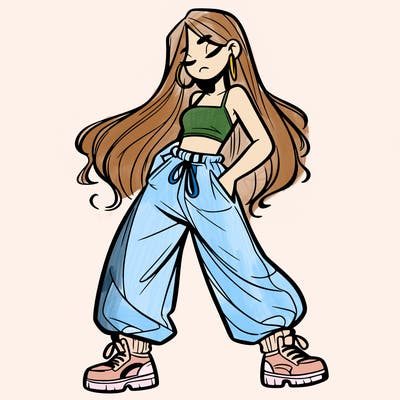 girl in baggy pants crop top and long hair