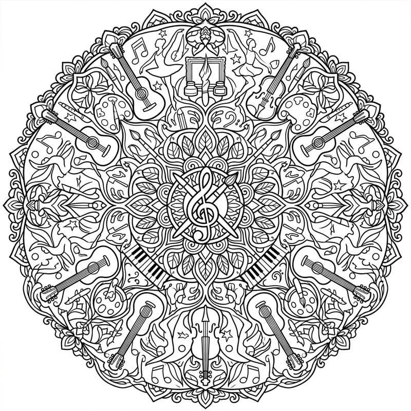 Unleash your inner artist with this exquisite Music & Arts mandala coloring page, designed for mindful relaxation. This symmetrical design beautifully blends musical instruments and artistic elements for a captivating coloring experience.