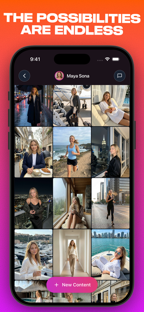Mysona: AI Influencer Creator - A grid of photos showing an AI influencer persona in various luxury and lifestyle settings