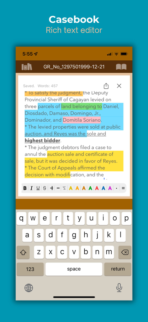 CaseReaderPH - CaseReaderPH mobile app interface showing the Casebook rich text editor with highlighted legal text and formatting tools