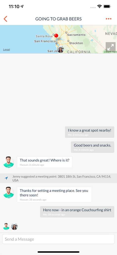 Couchsurfing Travel App - Interface de mensagens do aplicativo Couchsurfing mostrando dois viajantes coordenando um encontro em São Francisco
