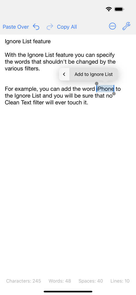 Clean Text app interface showing the ignore list feature with a word selected to be excluded from filters