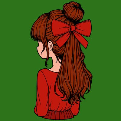 realistic girl  with hip length hair a bun and a big bow on the back of head