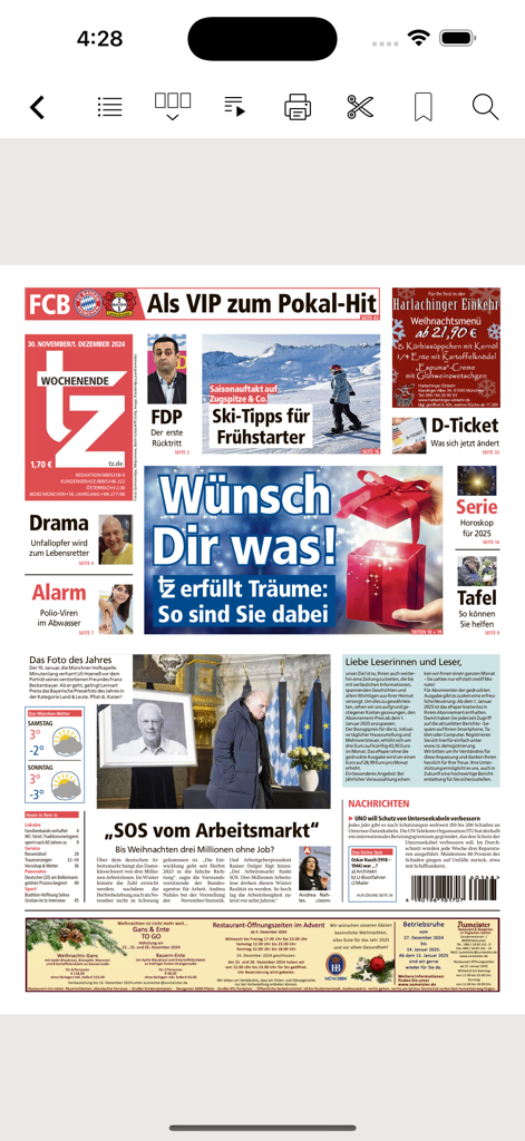 Digital replica of the tz newspaper front page within the mobile app interface