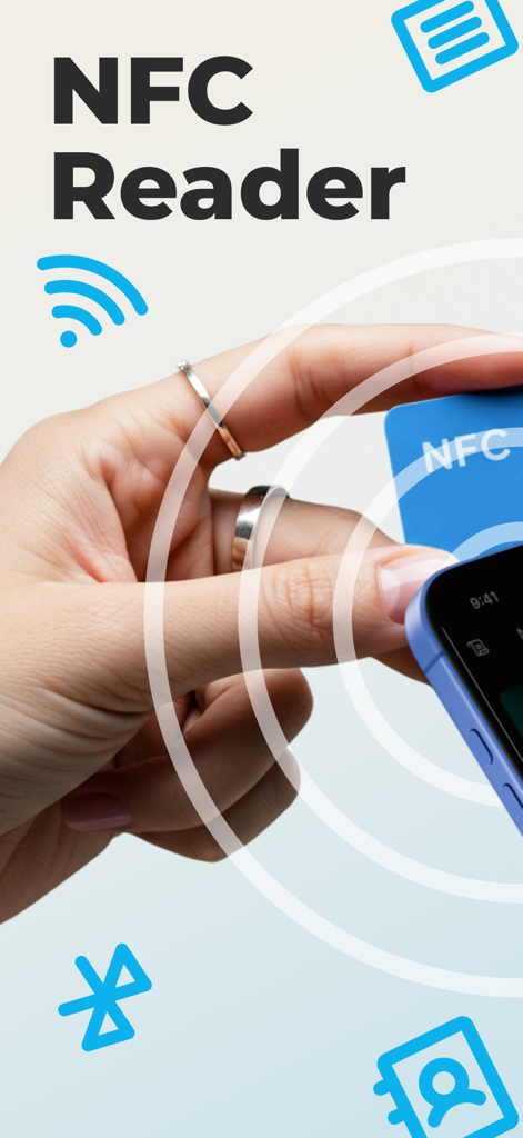 NFC Reader & Writer Tools - A hand holding an NFC card against a smartphone to scan data using the NFC Reader app