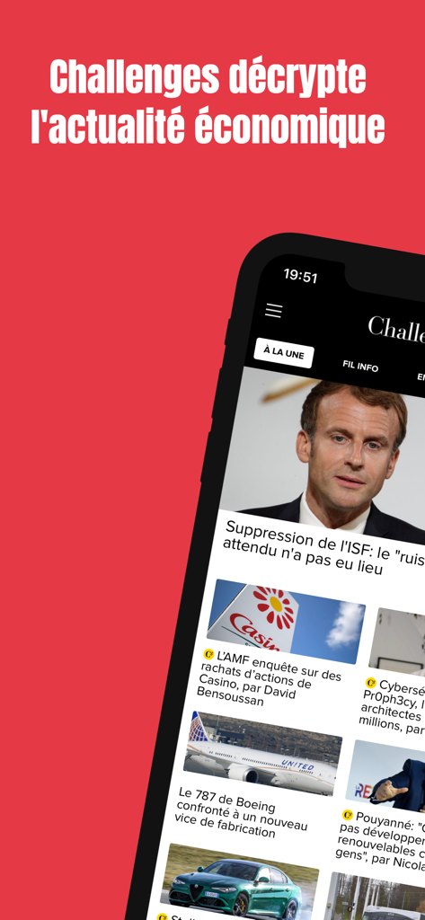 Challenges - Smartphone displaying the Challenges app home screen with economic and political news headlines