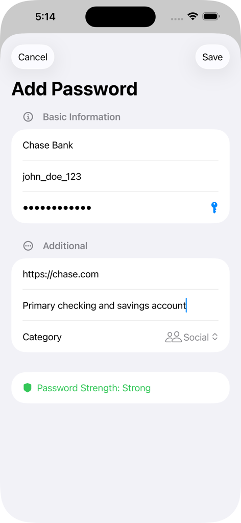 The Add Password interface in PassVault showing fields for account details and a strong password indicator