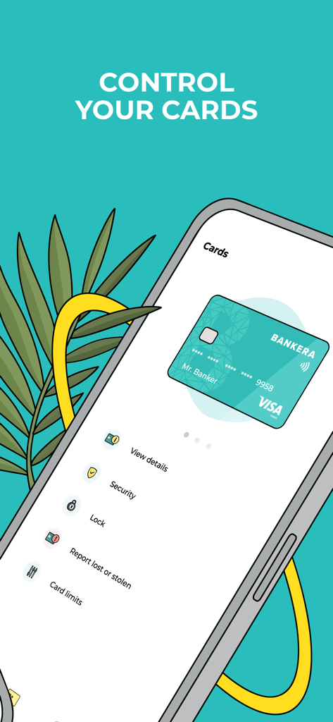Bankera – Mobile Banking - Bankera app interface for managing Visa cards showing options to lock cards, view security details, and set card limits.