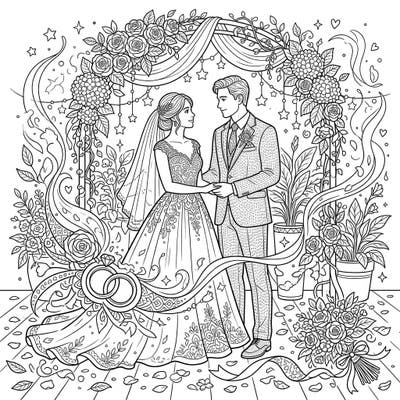 Step into a world of romance and magic with this exquisite Fairy Dust Wedding coloring page. Perfect for celebrating love, this design features a beautiful bridal couple surrounded by intricate details and whimsical charm.