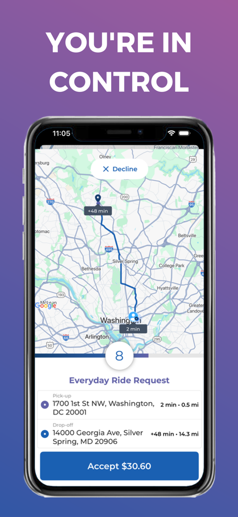 Empower Driver - A ride request screen on the Empower Driver app showing a map of Washington DC and the option to accept a ride for 30.60 dollars.