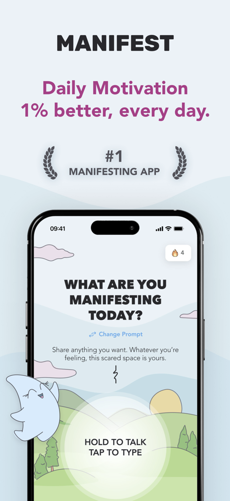 Manifest: Daily Journal - Pantalla de inicio de la aplicación Manifest que muestra una linda mascota estrella y una indicación de manifestación diaria.