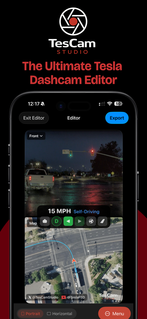 TesCam Studio - TesCam Studio app interface showing synchronized Tesla dashcam footage with speed telemetry and satellite map