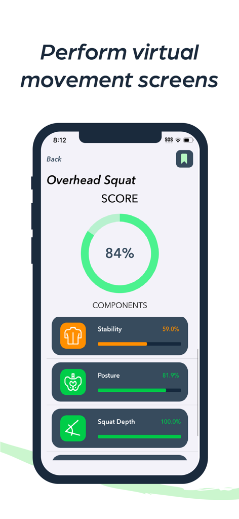 Yogger: Movement Analysis App - Yogger app showing an overhead squat assessment score with stability posture and squat depth data