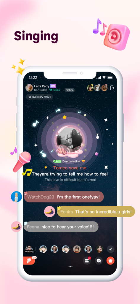全民party-語音聊天匿名交友軟體，配對約會app - A mobile app interface showing a virtual karaoke room with song lyrics and a live chat section.