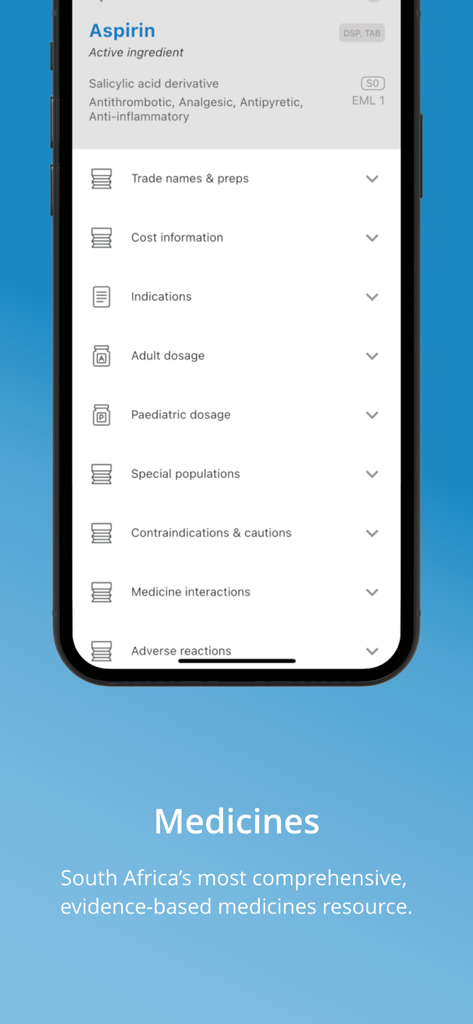 A screenshot of the EMGuidance app displaying a detailed medicine monograph for Aspirin with categories for dosage and interactions
