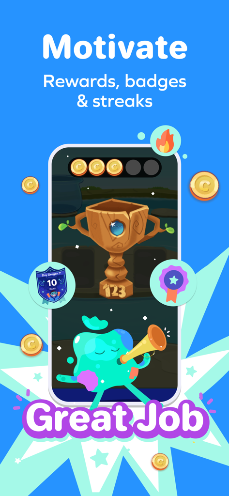 Splash Mini: Multiplication - Splash Mini 곱셈의 스크린샷, 어린이 수학 연습을 위한 배지, 트로피, 연속 기록 등 동기 부여 보상 표시