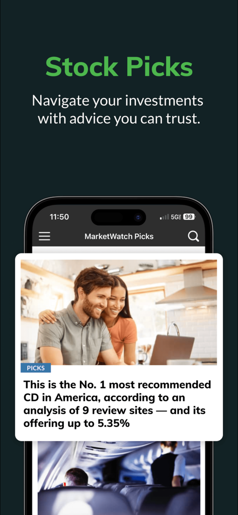 Tela do aplicativo MarketWatch mostrando seleções de ações e conselhos de investimento