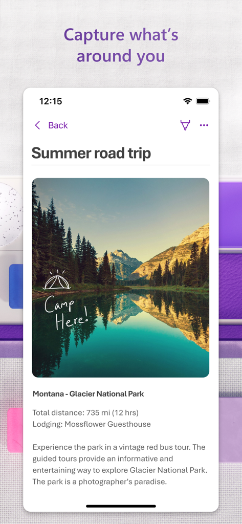 山と手書きの注釈の写真が表示されたデジタル旅行ノートを表示するMicrosoft OneNoteアプリ。