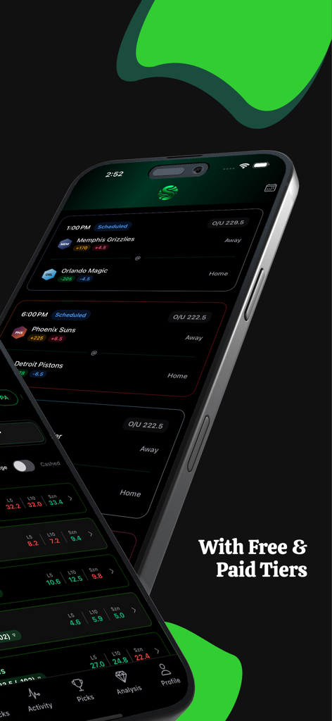 App Stat Pick che mostra calendari di partite NBA e quote di scommesse sportive con piani gratuiti e a pagamento
