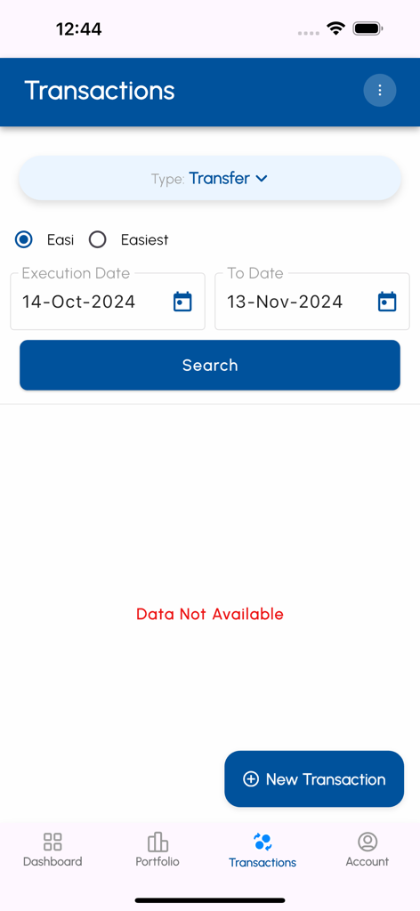 Pantalla de búsqueda de transacciones de la aplicación CDSL MyEasi mostrando filtros de fecha y selección de tipo de transferencia para el monitoreo de inversiones NRI.