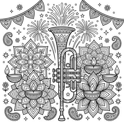Discover a one-of-a-kind coloring experience with our Trumpet and Diwali fusion design. This intricate page blends the majestic brass instrument with the radiant symbols of the festival of lights for a truly engaging artistic journey.