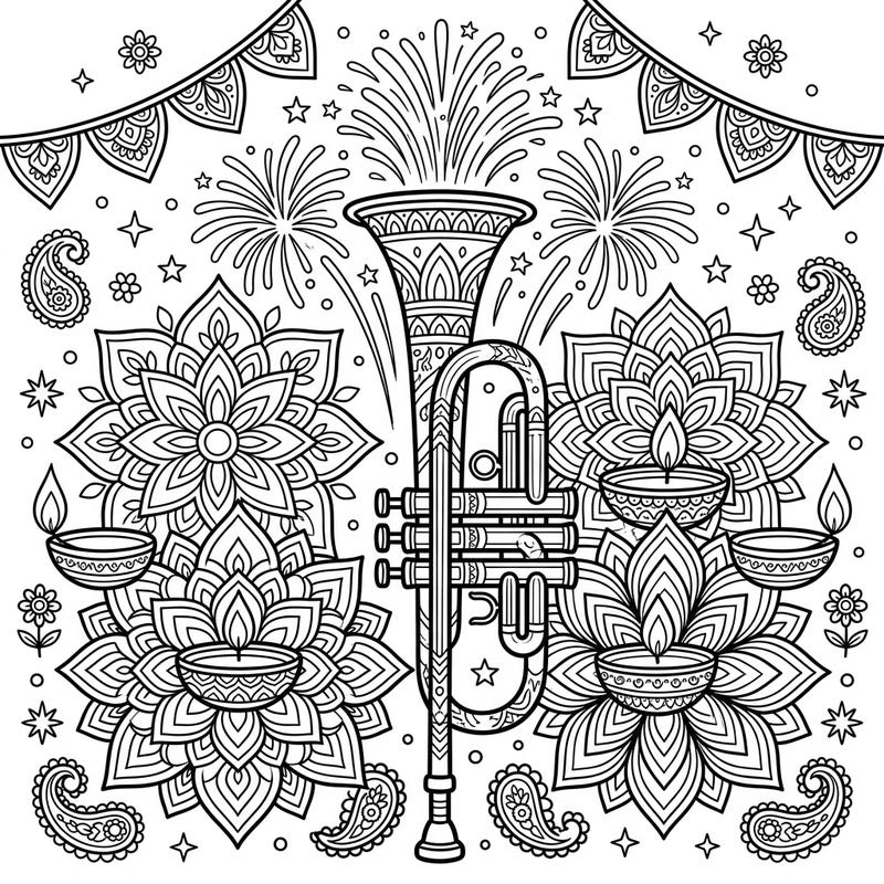 Discover a one-of-a-kind coloring experience with our Trumpet and Diwali fusion design. This intricate page blends the majestic brass instrument with the radiant symbols of the festival of lights for a truly engaging artistic journey.