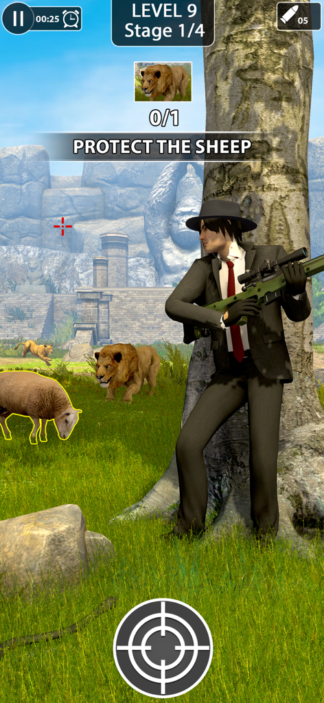 Animal Shooting: Wild Hunter - Captura de pantalla del juego de un personaje francotirador con traje protegiendo una oveja de leones en un entorno de jungla.