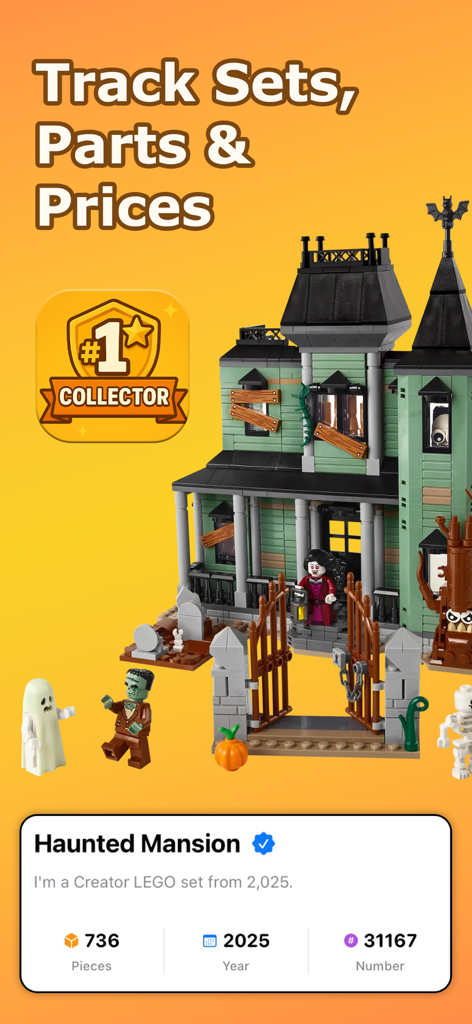 Mobile app interface for Tracker for LEGO showing a Haunted Mansion set with collection details and a collector badge.