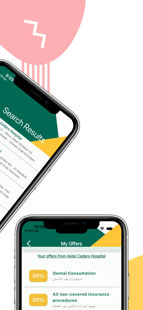 Screenshot dell'app Tadamun che mostrano i risultati della ricerca fornitori medici e le offerte di sconto per i servizi sanitari