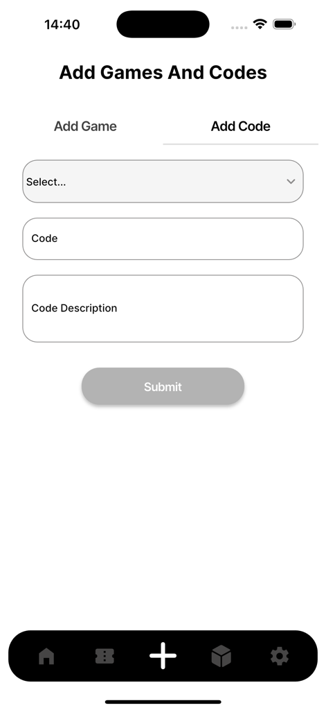 Rbx Codes For RBLX - Interfaz de la aplicación Rbx Codes For RBLX que muestra la pantalla Agregar Código con campos de entrada para la selección del juego, el código y la descripción