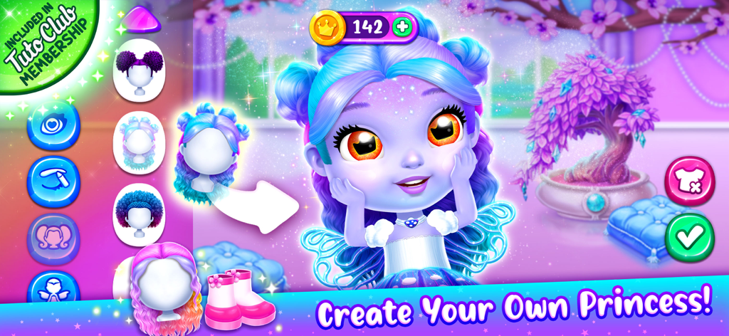 Una captura de pantalla del juego Princesas Castillo Encantado que muestra el menú de creación de personajes con diferentes peinados coloridos y una linda princesa mágica