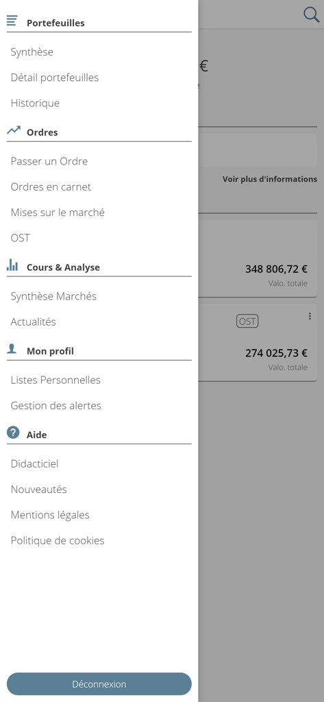 L'Appli Bourse Portzamparc - Navigation menu of the Portzamparc stock market app showing sections for portfolio orders and market analysis in French