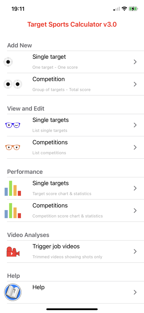Main menu of the Target Sports Calculator app showing options for scoring single targets and viewing performance statistics