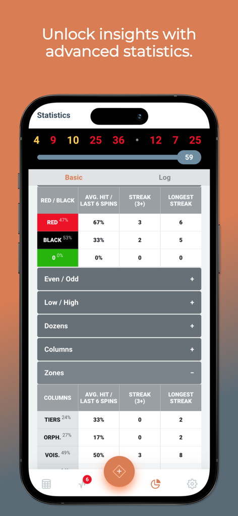 Roulette Kicker PRO - ルーレットキッカーPROアプリの高度な統計ダッシュボード。さまざまなルーレットセグメントのヒット率と連勝数を示しています。
