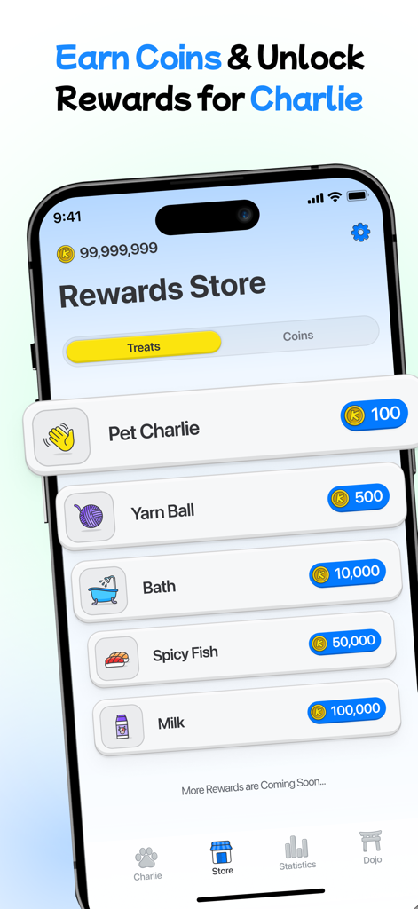 Rewards store interface in the Mobile Shield app showing items to buy for Charlie the cat mascot