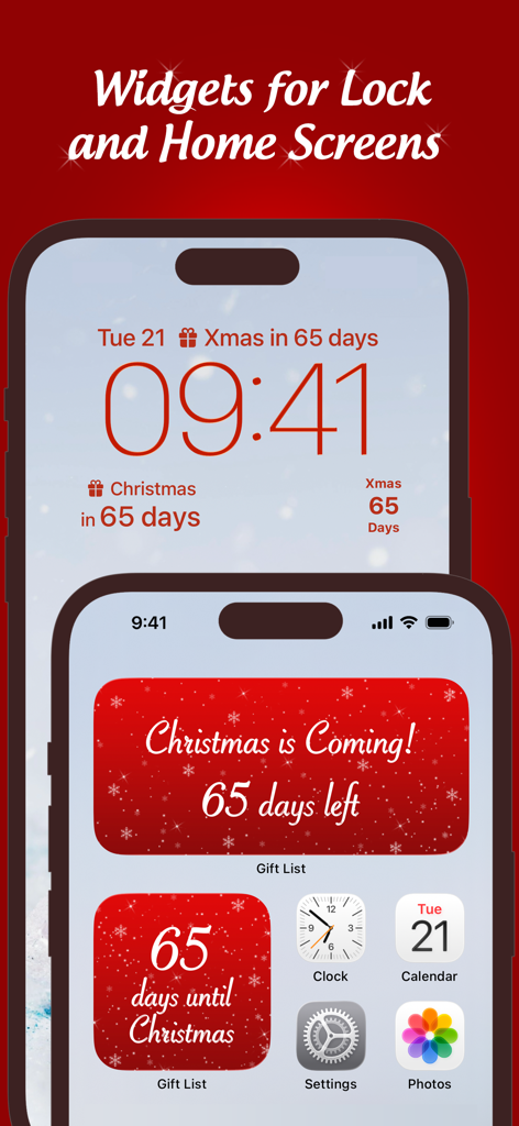 お祝いのクリスマスカウントダウンウィジェットを表示するiPhoneのロック画面とホーム画面。