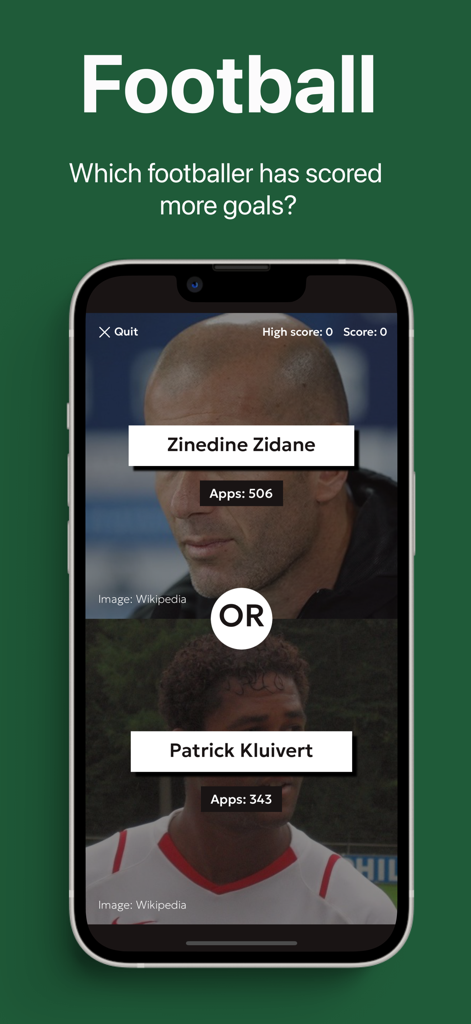 Modo de trivia de fútbol en la aplicación 'Mayor o Menor' comparando estadísticas de apariciones de jugadores