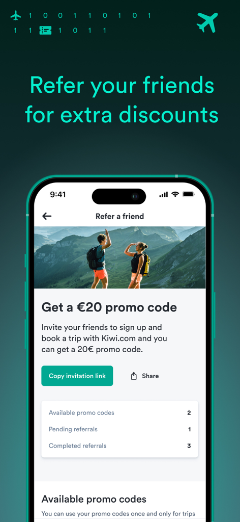 Pantalla de referir a un amigo de la aplicación Kiwi.com que ofrece un código promocional para descuentos de viaje