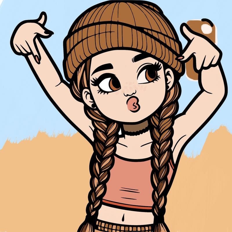 realistic teenage girl with braids and a beanie and crop top doing 🫶🏼