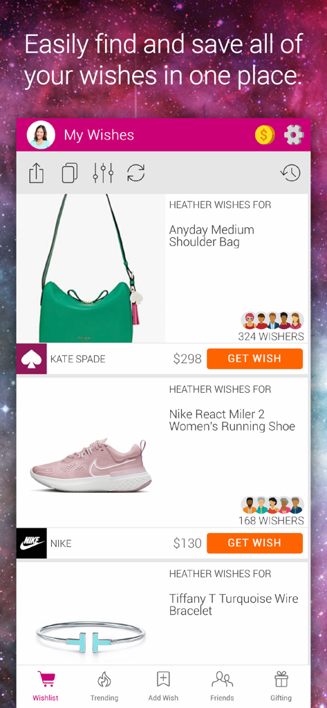 The Wishfinity app showing a personal wishlist with items from Kate Spade Nike and Tiffany
