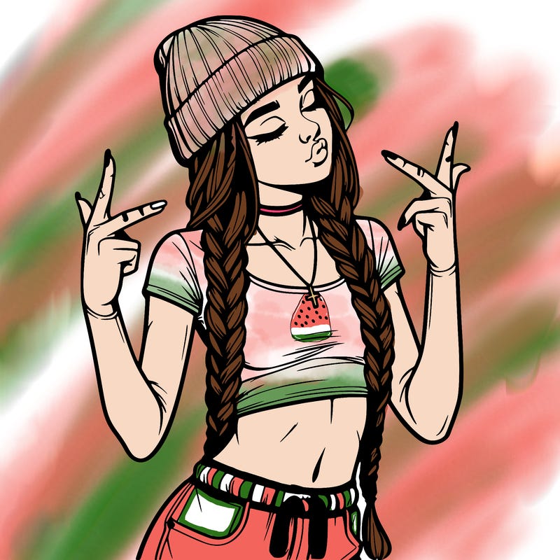 realistic teenage girl with braids and a beanie and crop top doing 🫶🏼