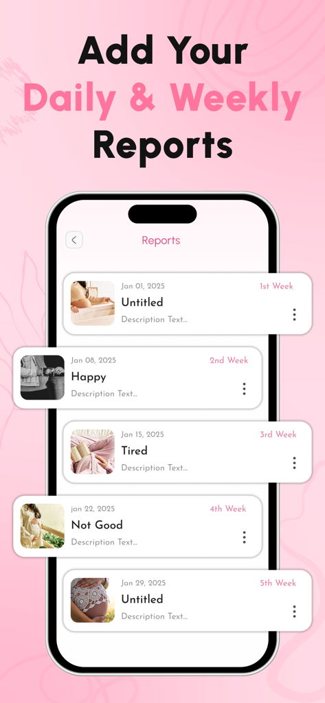 Interface of the pregnancy tracker app showing a list of weekly reports with photos and mood logs.