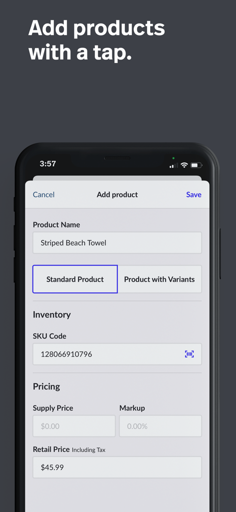 Add product screen in Lightspeed Scanner app showing inventory and pricing fields